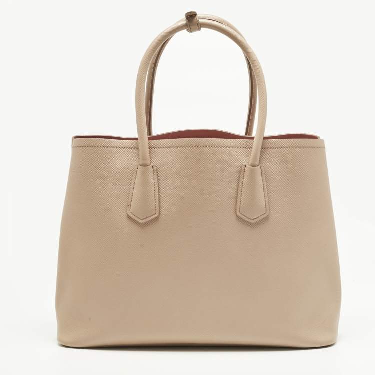 Pre Owned Prada Poudre Beige Saffiano Cuir Leather Large Double Handle Tote
