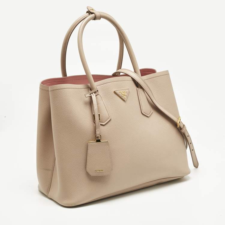 Pre Owned Prada Poudre Beige Saffiano Cuir Leather Large Double Handle Tote