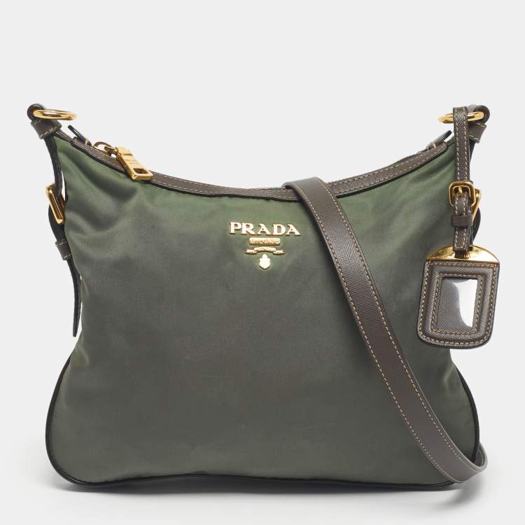 Pre Owned Prada Green/Brown Leather and Nylon Logo Crossbody Bag