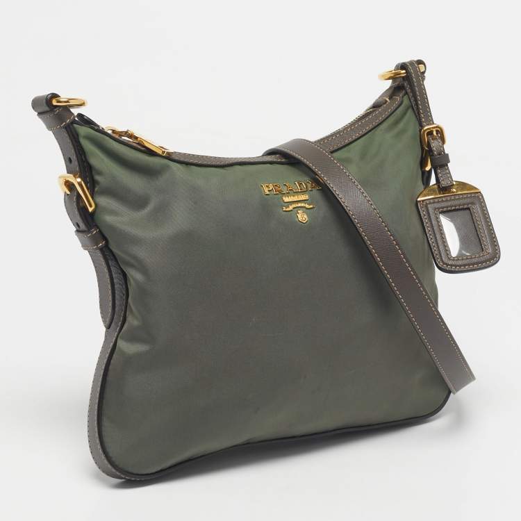 Pre Owned Prada Green/Brown Leather and Nylon Logo Crossbody Bag
