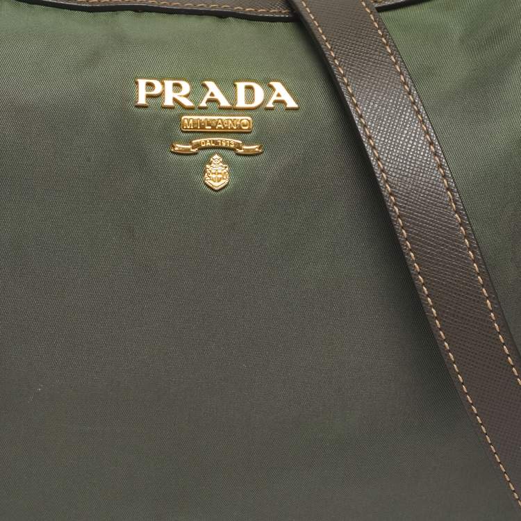 Pre Owned Prada Green/Brown Leather and Nylon Logo Crossbody Bag