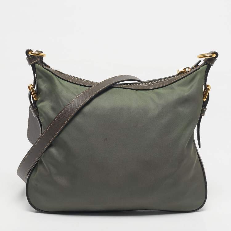 Pre Owned Prada Green/Brown Leather and Nylon Logo Crossbody Bag