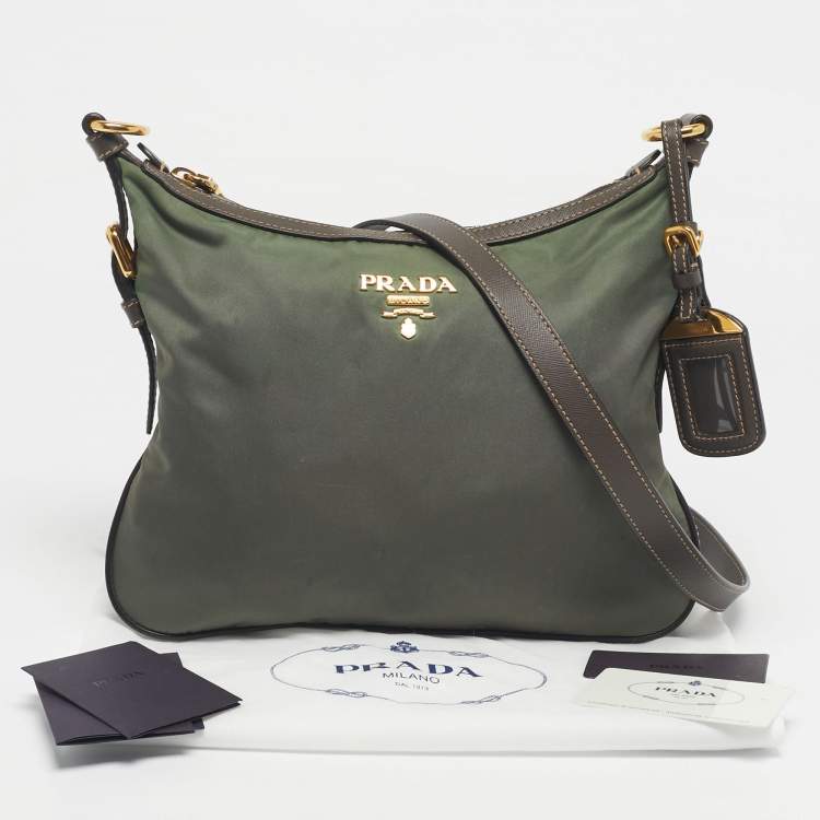 Pre Owned Prada Green/Brown Leather and Nylon Logo Crossbody Bag