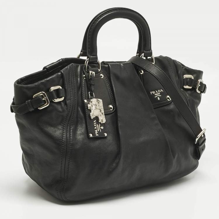 Pre Owned Prada Black Leather Pleated Satchel