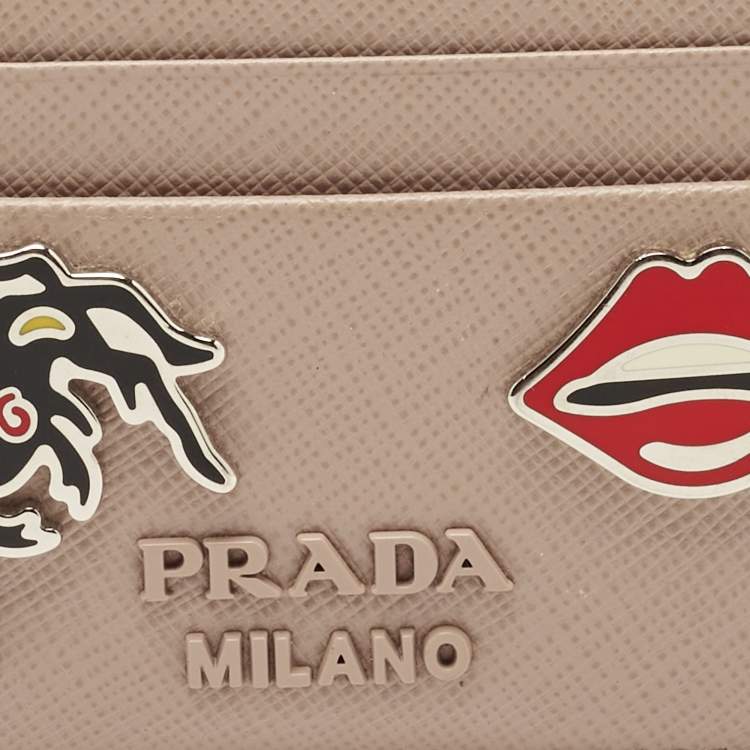 Pre Owned Prada Beige Saffiano Metal Leather Embellished Card Holder