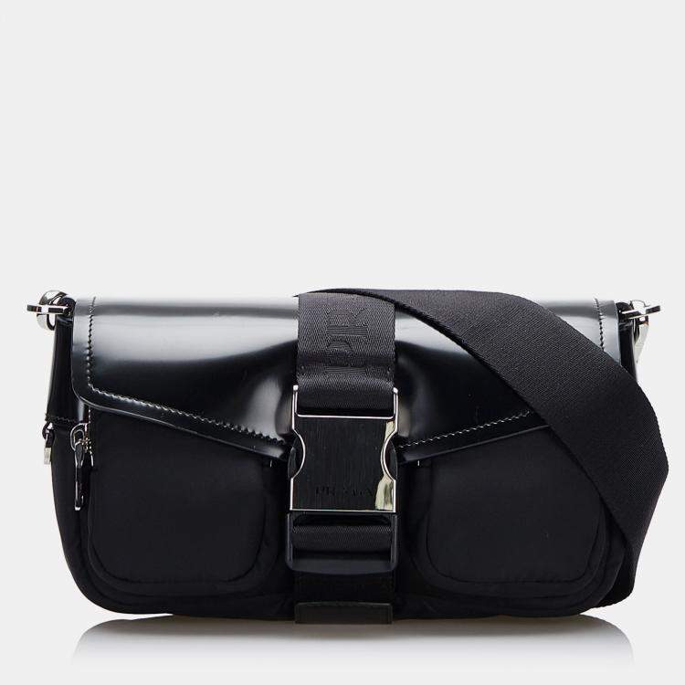 Pre Owned Prada Black Re-Nylon & Spazzolato Pocket Crossbody