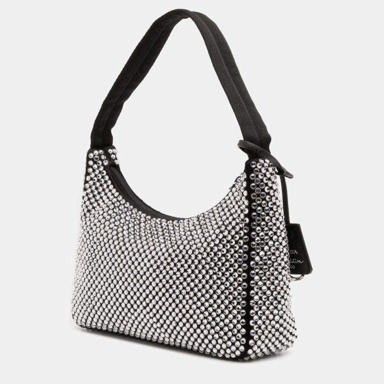 Pre Owned Prada Black Mini Satin Crystal Re Edition 2000 Shoulder Bag