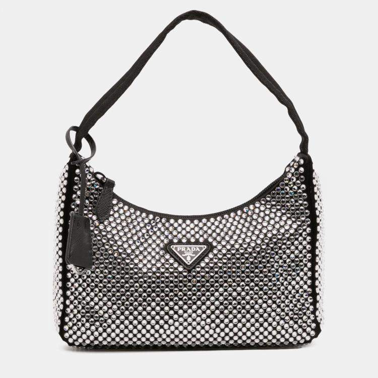 Pre Owned Prada Black Mini Satin Crystal Re Edition 2000 Shoulder Bag