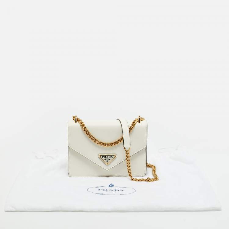 Pre Owned Prada White Saffiano Lux Leather Triangle Logo Envelope Chain Bag