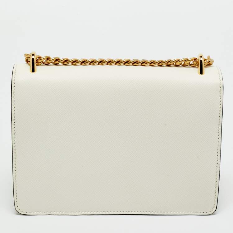 Pre Owned Prada White Saffiano Lux Leather Triangle Logo Envelope Chain Bag
