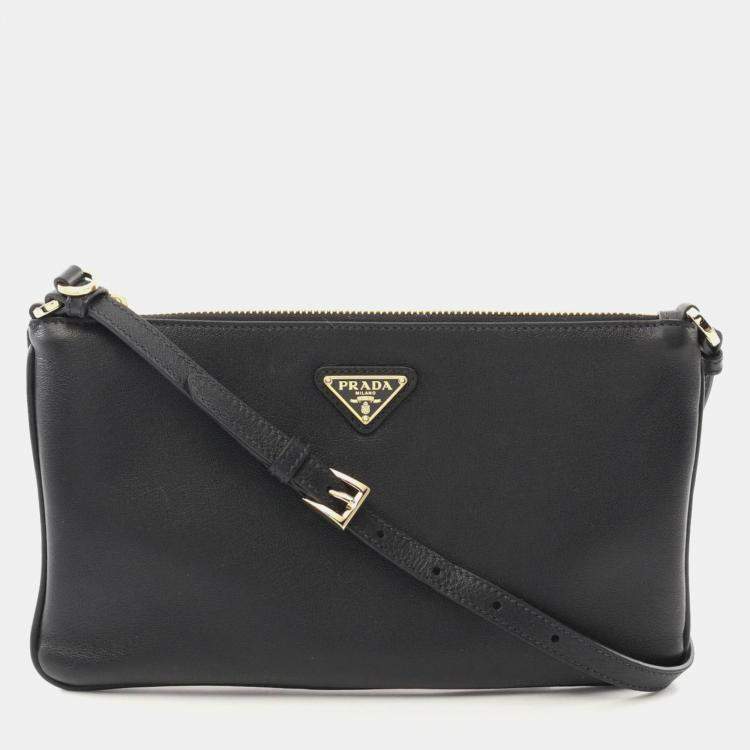 Pre Owned Prada Soft Grain Shoulder Bag Leather Black