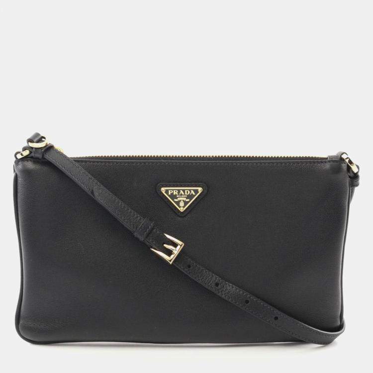 Pre Owned Prada Soft Grain Shoulder Bag Leather Black