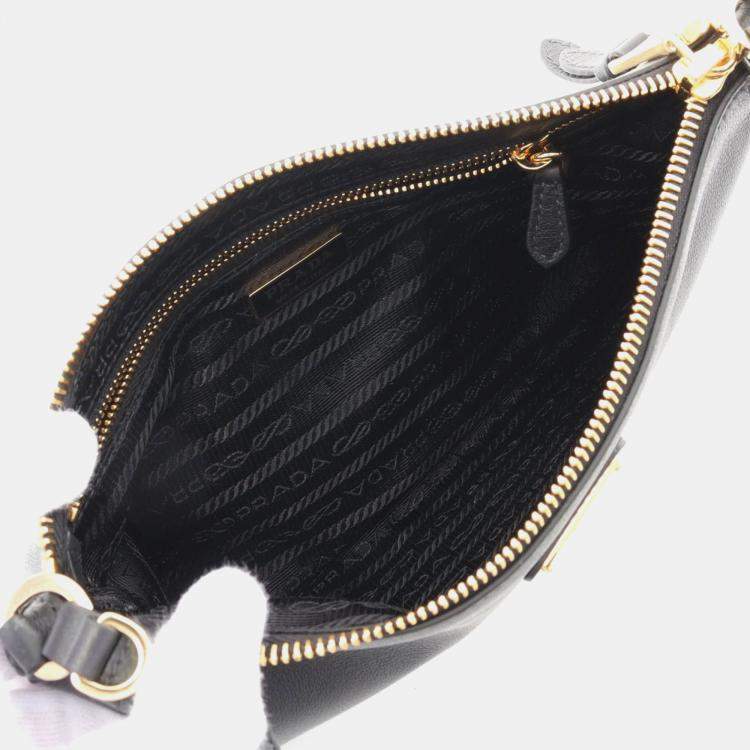 Pre Owned Prada Soft Grain Shoulder Bag Leather Black