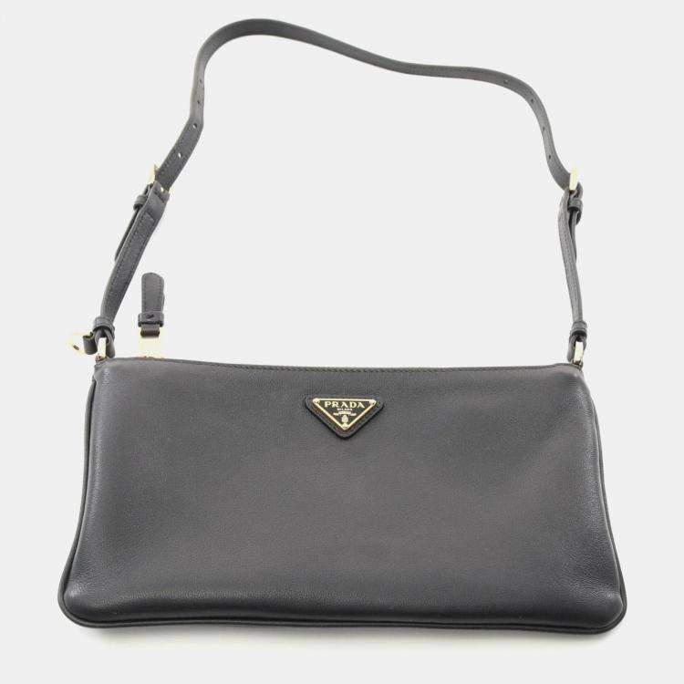 Pre Owned Prada Soft Grain Shoulder Bag Leather Black