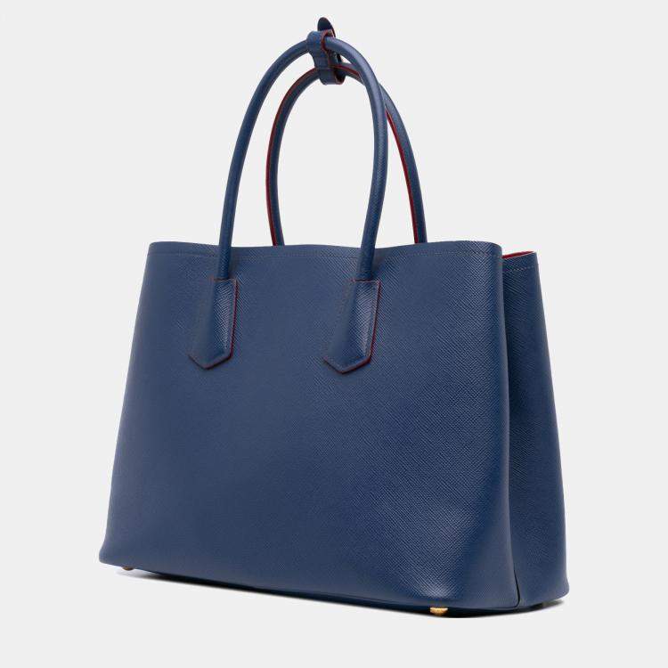 Pre Owned Prada Blue Medium Saffiano Cuir Double Satchel