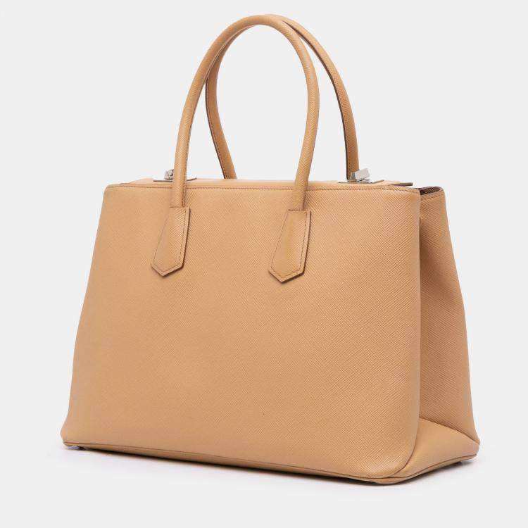 Pre Owned Prada Brown Saffiano Cuir Twin Lock Satchel