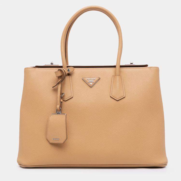 Pre Owned Prada Brown Saffiano Cuir Twin Lock Satchel