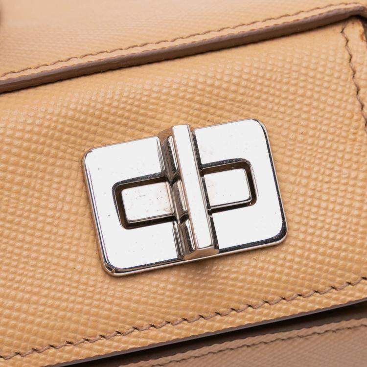 Pre Owned Prada Brown Saffiano Cuir Twin Lock Satchel