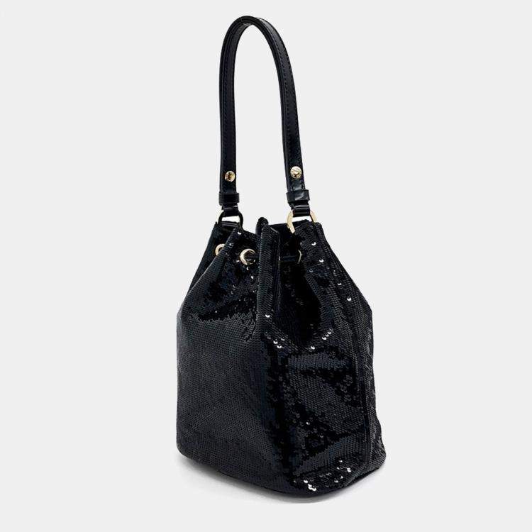 Pre Owned Prada Black Nylon and Sequins Sequined Re-Nylon Bucket Bag