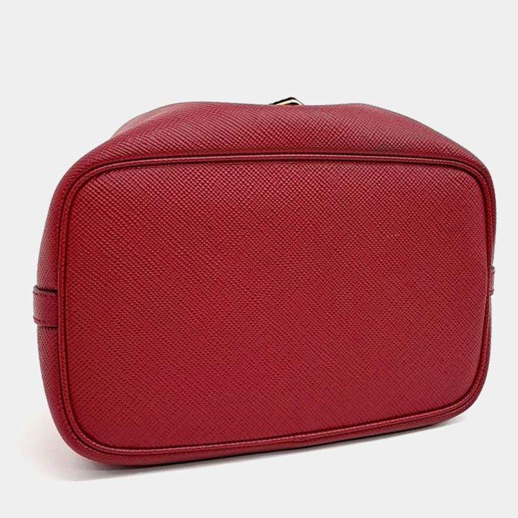 Pre Owned Prada Red Leather Saffiano Bucket Tote and Crossbody Bag
