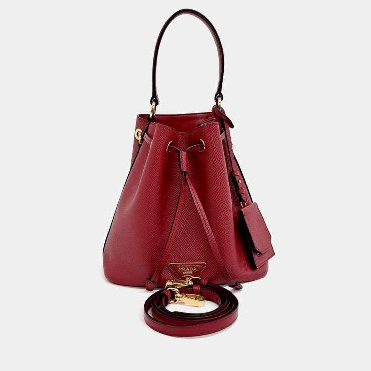 Pre Owned Prada Red Leather Saffiano Bucket Tote and Crossbody Bag