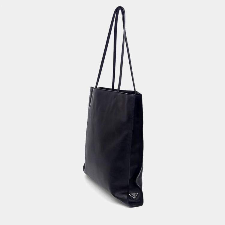Pre Owned Prada Black Leather Logo Tote Bag