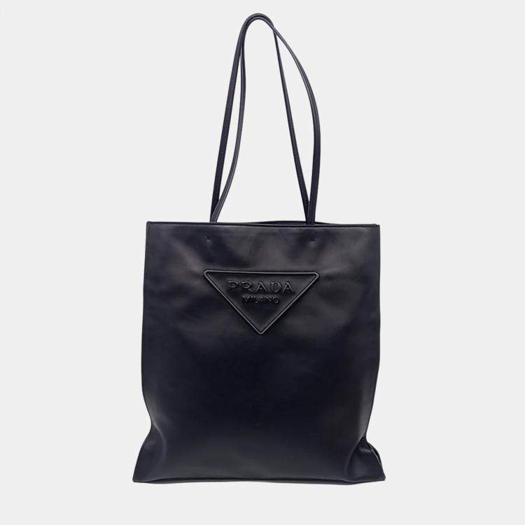 Pre Owned Prada Black Leather Logo Tote Bag