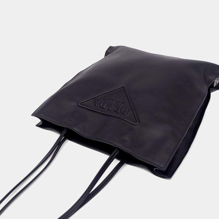 Pre Owned Prada Black Leather Logo Tote Bag