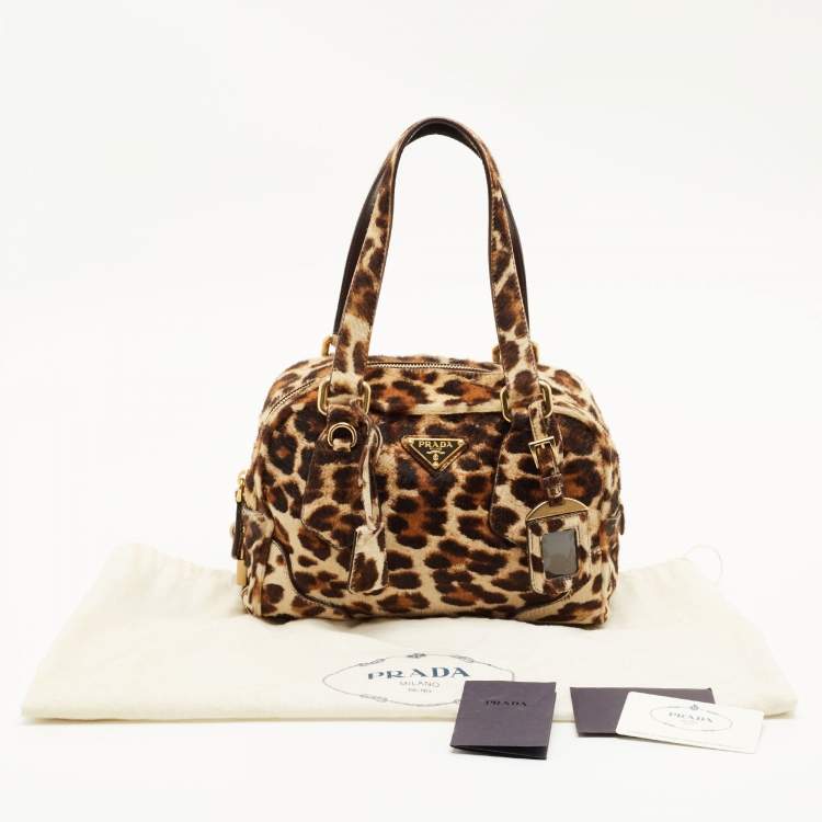 Pre Owned Prada Brown Leopard Print Calfhair Boston Bag