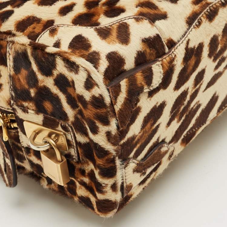 Pre Owned Prada Brown Leopard Print Calfhair Boston Bag