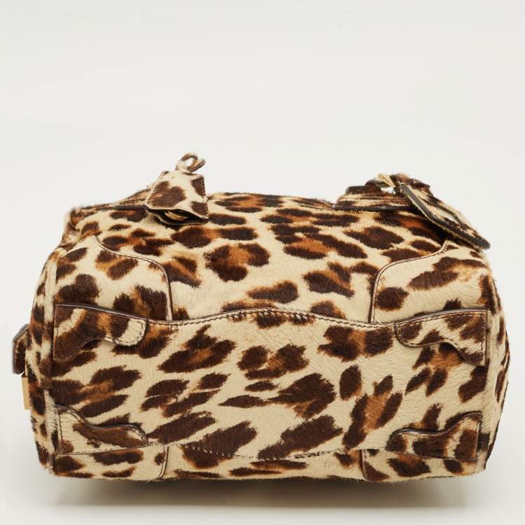 Pre Owned Prada Brown Leopard Print Calfhair Boston Bag