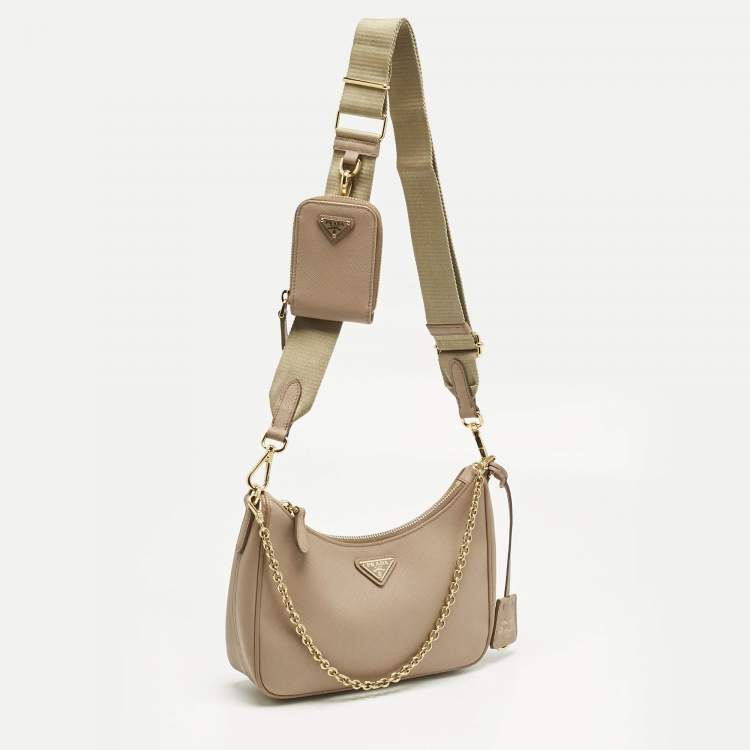Pre Owned Prada Beige Saffiano Lux Leather Re-Edition 2005 Shoulder Bag