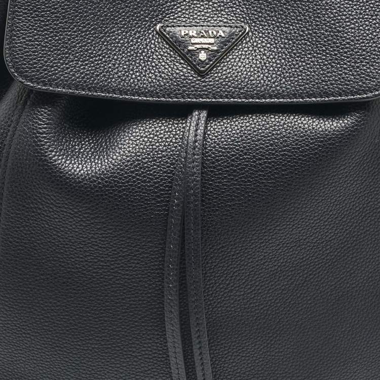 Pre Owned Prada Navy Blue Leather Drawstring Flap Backpack