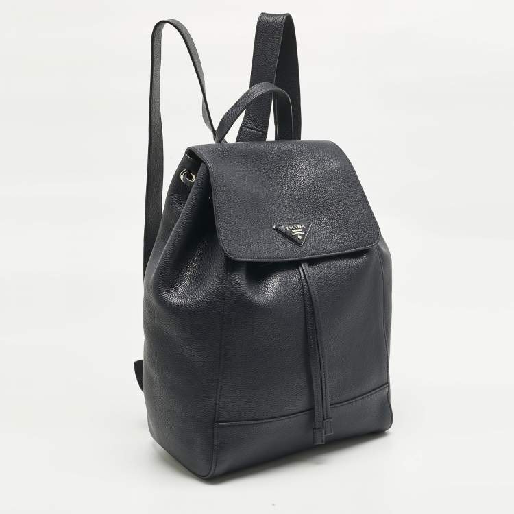 Pre Owned Prada Navy Blue Leather Drawstring Flap Backpack