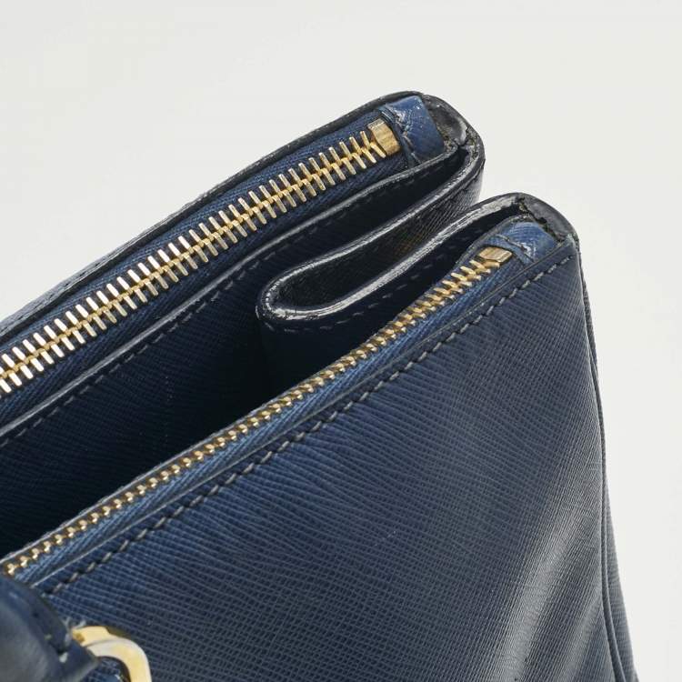 Pre Owned Prada Navy Blue Saffiano Leather Executive Double Zip Tote