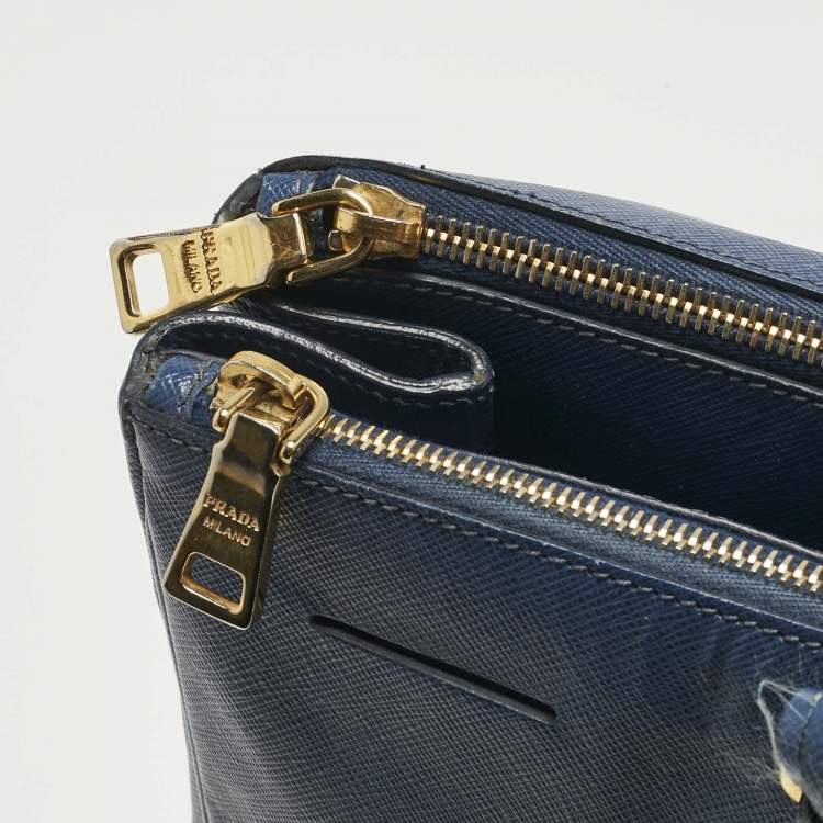 Pre Owned Prada Navy Blue Saffiano Leather Executive Double Zip Tote