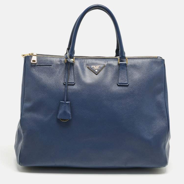 Pre Owned Prada Navy Blue Saffiano Leather Executive Double Zip Tote