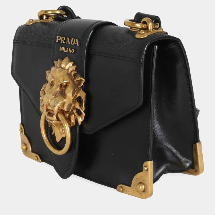 Pre Owned Prada Black Antic Soft Saffiano Lions Head Cahier Shoulder Bag
