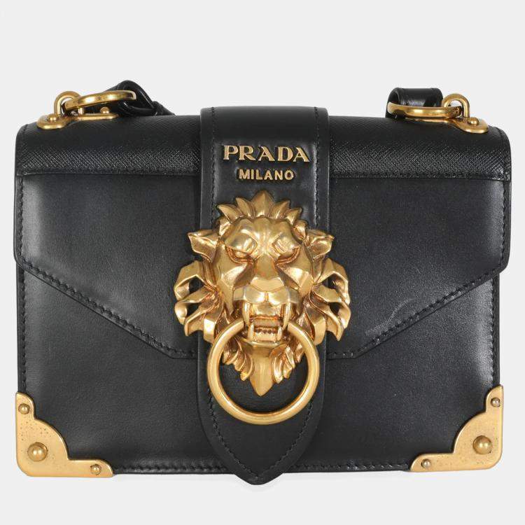 Pre Owned Prada Black Antic Soft Saffiano Lions Head Cahier Shoulder Bag