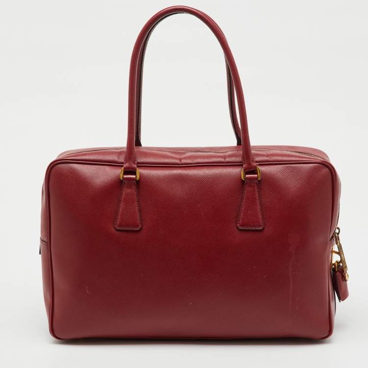 Pre Owned Prada Red Saffiano Lux Leather Top Zip Bauletto Bag