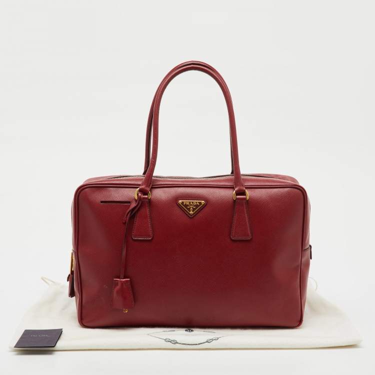 Pre Owned Prada Red Saffiano Lux Leather Top Zip Bauletto Bag