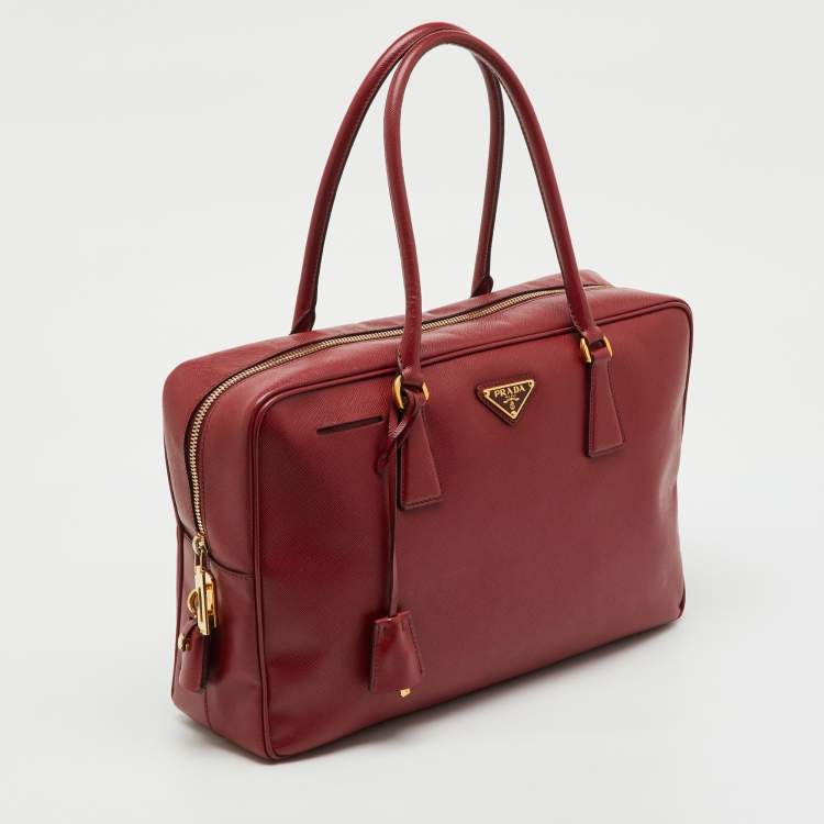 Pre Owned Prada Red Saffiano Lux Leather Top Zip Bauletto Bag