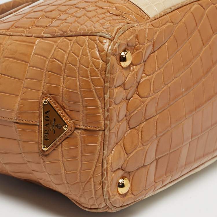 Pre Owned Prada Brown/Light Beige Crocodile Medium Double Zip Tote
