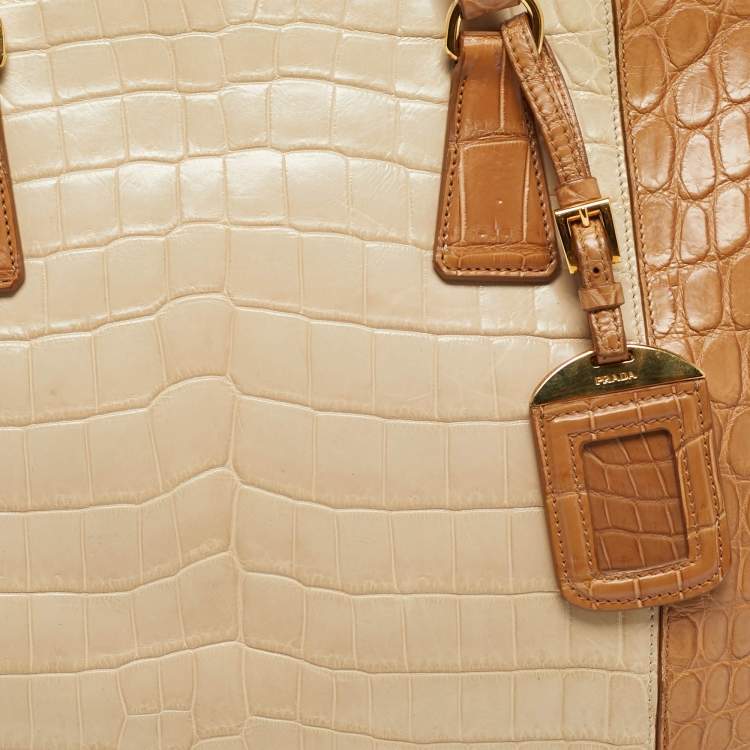 Pre Owned Prada Brown/Light Beige Crocodile Medium Double Zip Tote