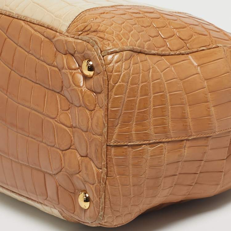 Pre Owned Prada Brown/Light Beige Crocodile Medium Double Zip Tote