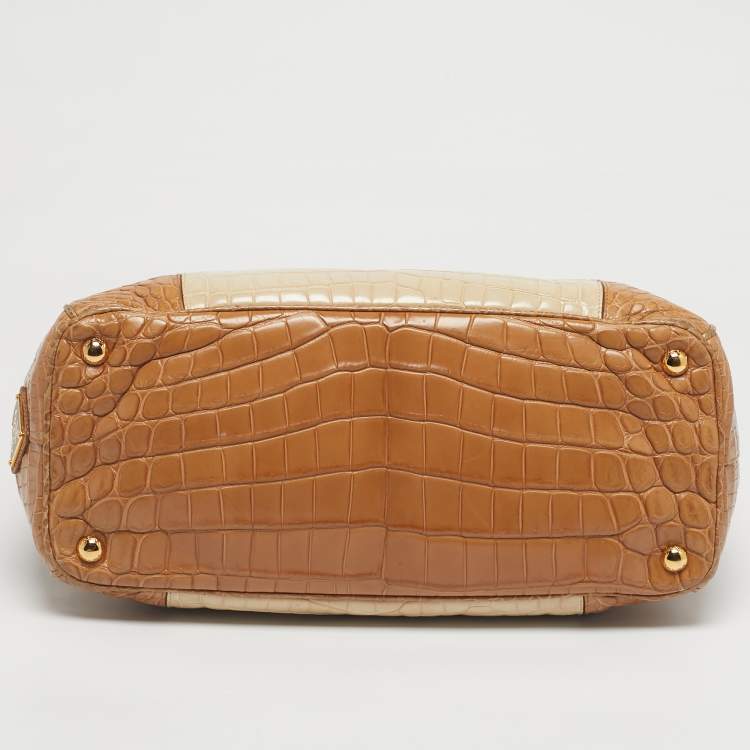 Pre Owned Prada Brown/Light Beige Crocodile Medium Double Zip Tote