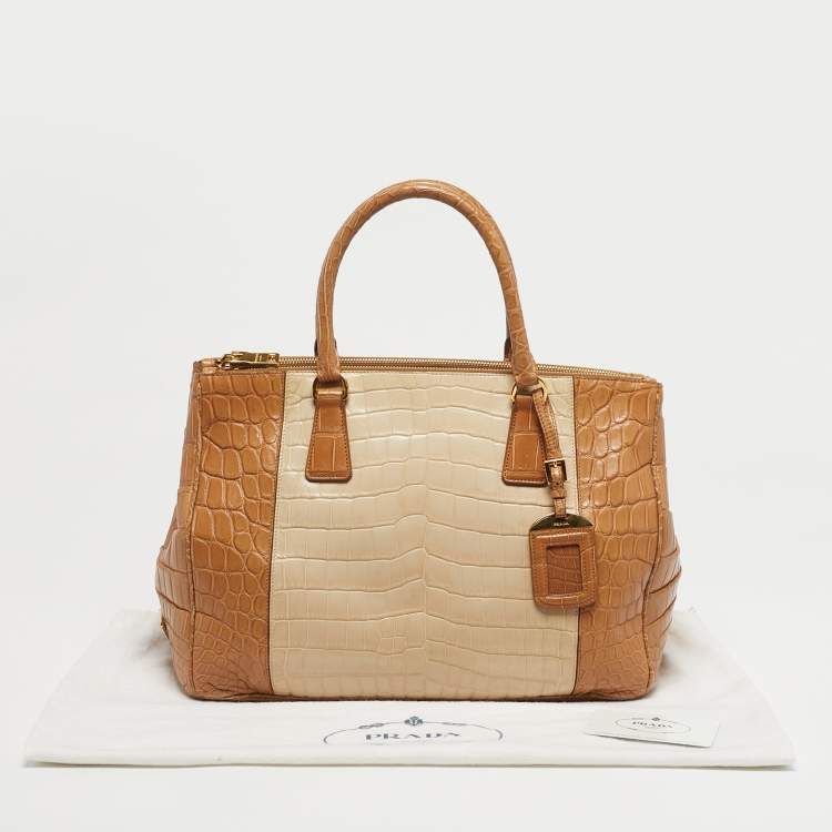 Pre Owned Prada Brown/Light Beige Crocodile Medium Double Zip Tote