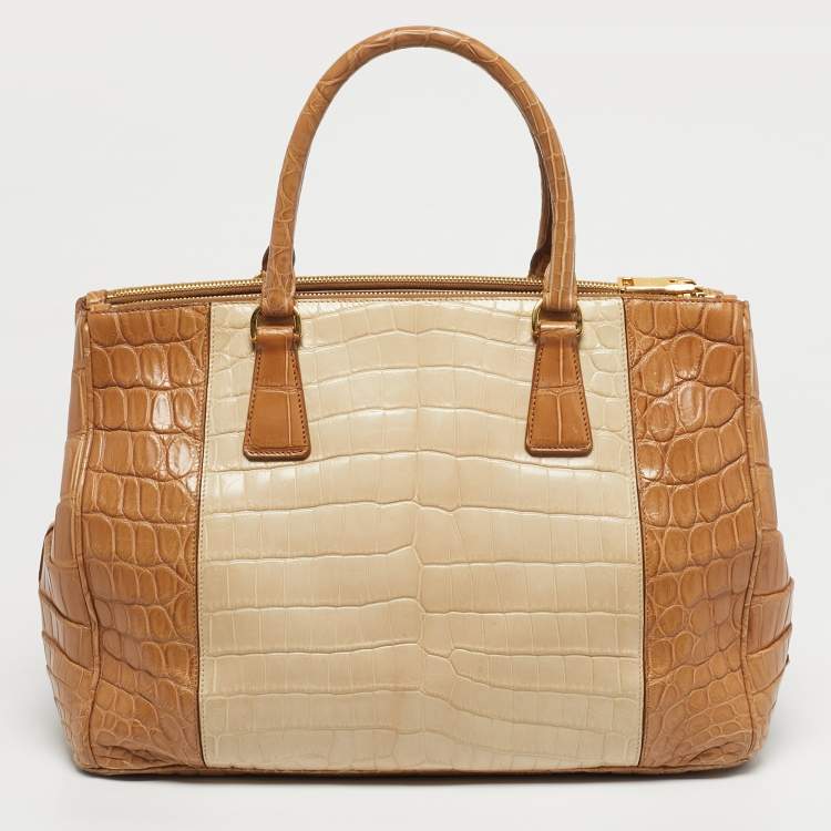 Pre Owned Prada Brown/Light Beige Crocodile Medium Double Zip Tote
