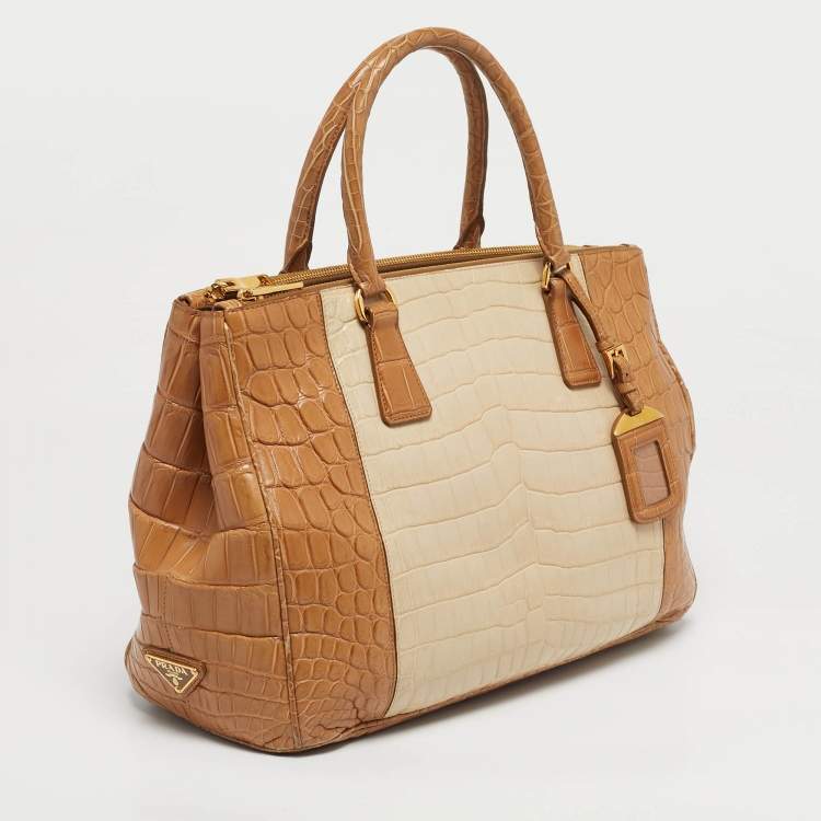 Pre Owned Prada Brown/Light Beige Crocodile Medium Double Zip Tote