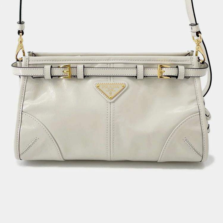 Pre Owned Prada Bonnie Shoulder Bag White Leather Size Small